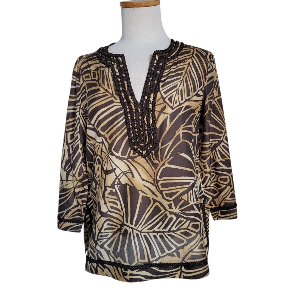 Jones New York Cotton Tunic Top Tropical Garden Monstera L Petite Boho Tropical